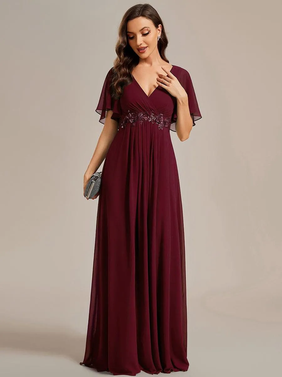 Gentle Iris | Ruffles Sleeve A-Line Chiffon Waist Applique Maxi Wedding Guest Dress