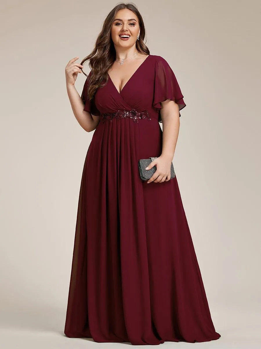 Gentle Iris | Ruffles Sleeve A-Line Chiffon Waist Applique Maxi Wedding Guest Dress