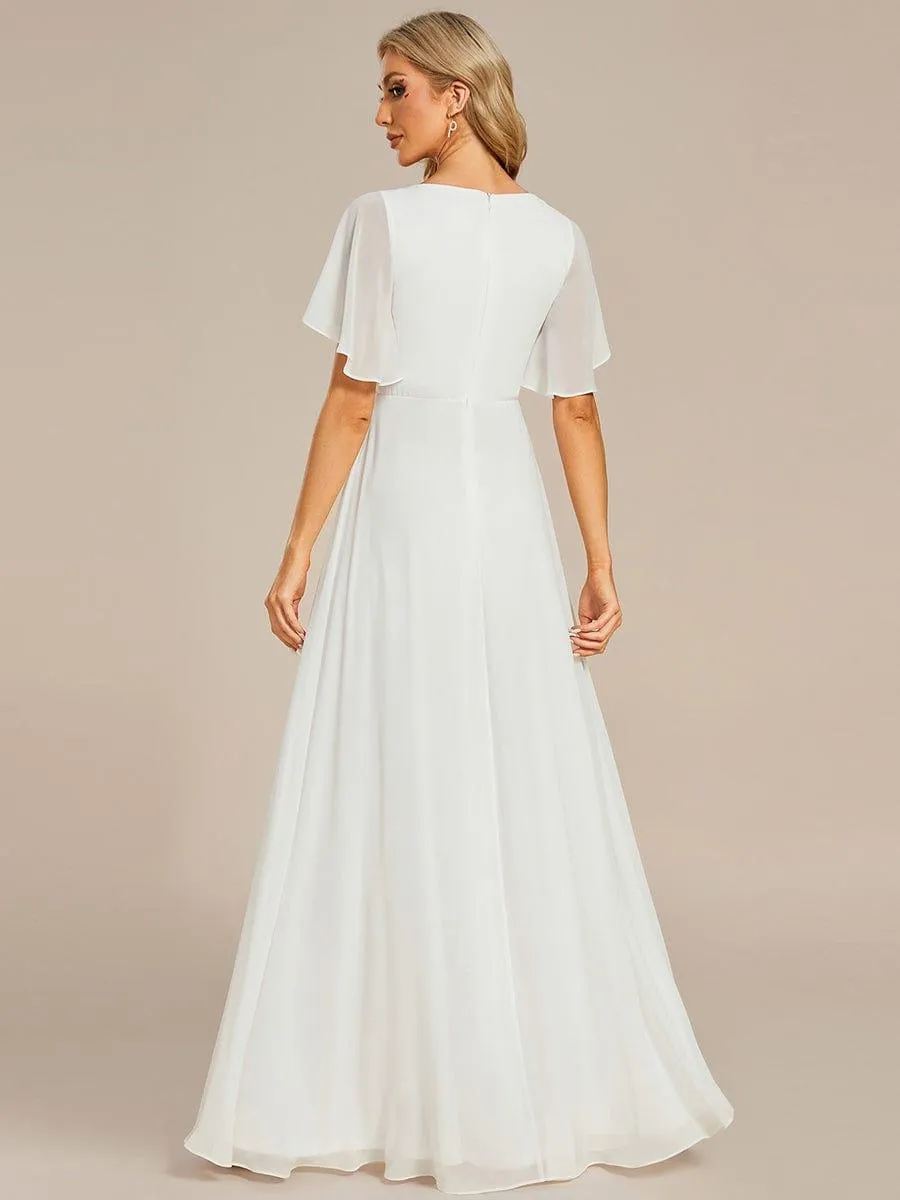 Gentle Iris | Ruffles Sleeve A-Line Chiffon Waist Applique Maxi Wedding Guest Dress