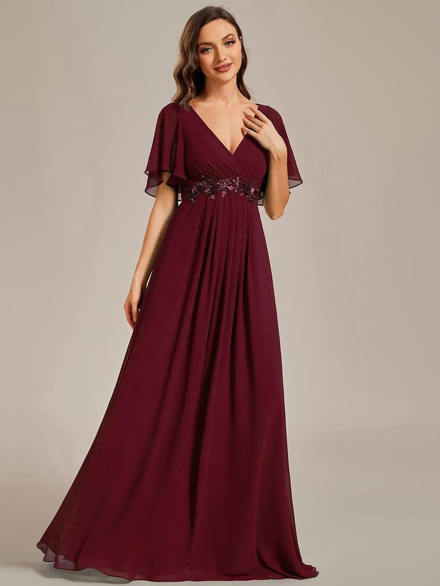 Gentle Iris | Ruffles Sleeve A-Line Chiffon Waist Applique Maxi Wedding Guest Dress