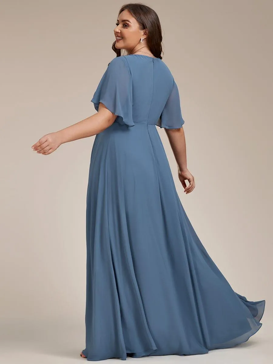 Gentle Iris | Ruffles Sleeve A-Line Chiffon Waist Applique Maxi Wedding Guest Dress