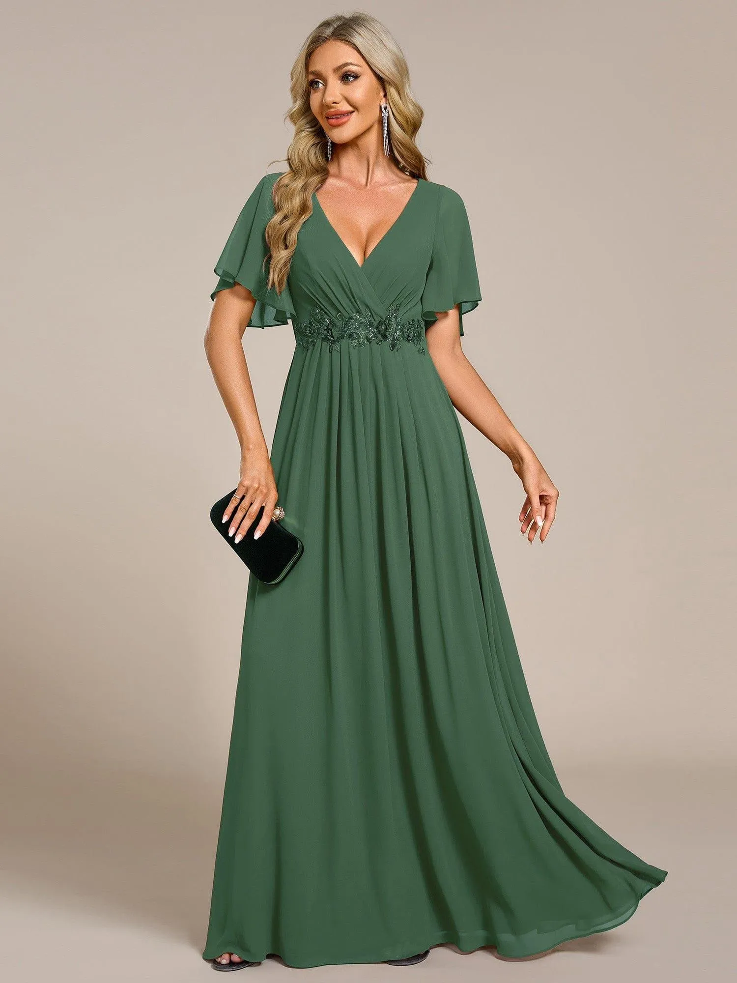 Gentle Iris | Ruffles Sleeve A-Line Chiffon Waist Applique Maxi Wedding Guest Dress