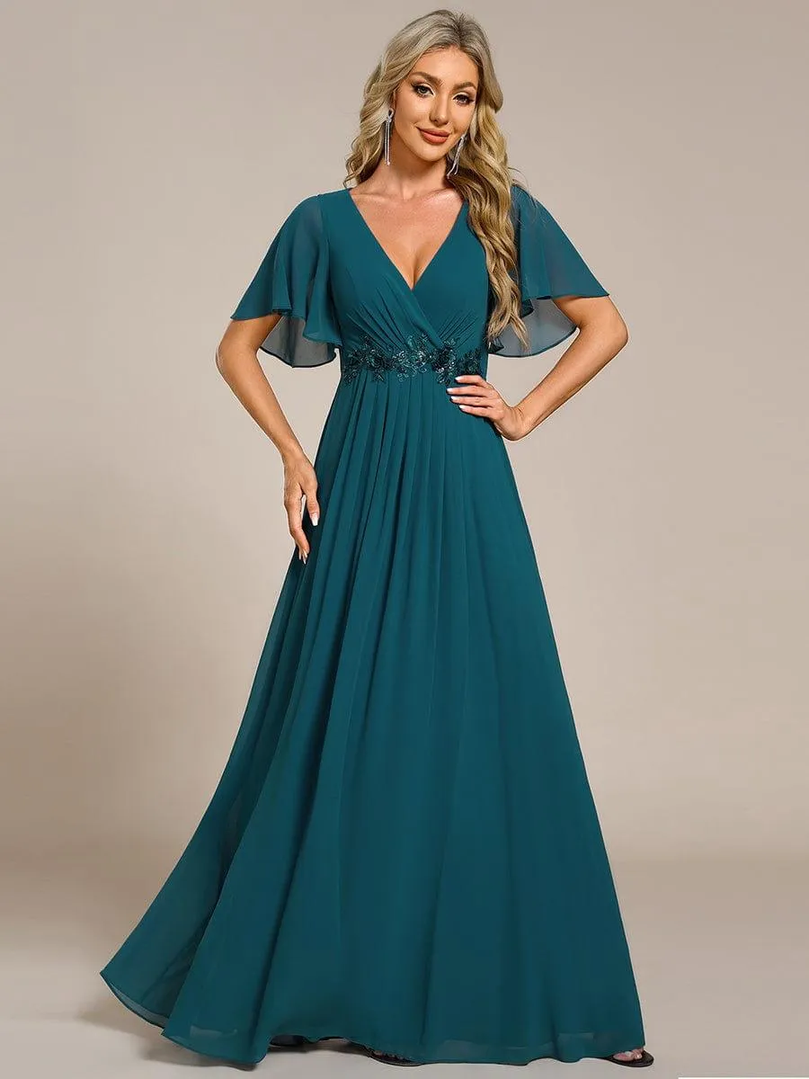 Gentle Iris | Ruffles Sleeve A-Line Chiffon Waist Applique Maxi Wedding Guest Dress
