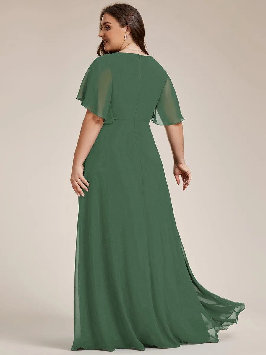 Gentle Iris | Ruffles Sleeve A-Line Chiffon Waist Applique Maxi Wedding Guest Dress