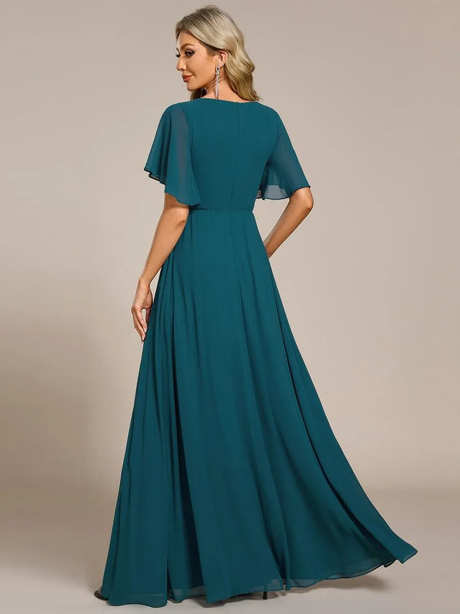 Gentle Iris | Ruffles Sleeve A-Line Chiffon Waist Applique Maxi Wedding Guest Dress