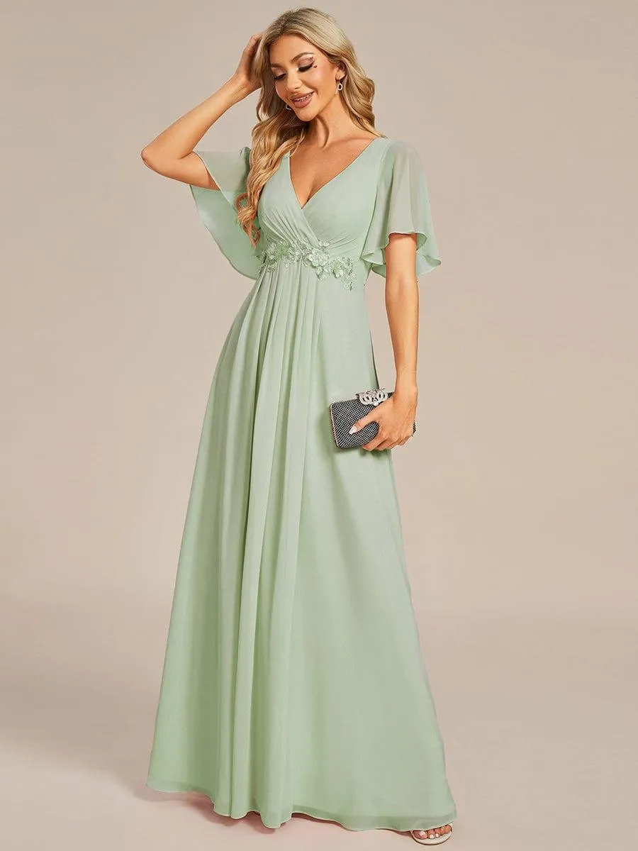 Gentle Iris | Ruffles Sleeve A-Line Chiffon Waist Applique Maxi Wedding Guest Dress
