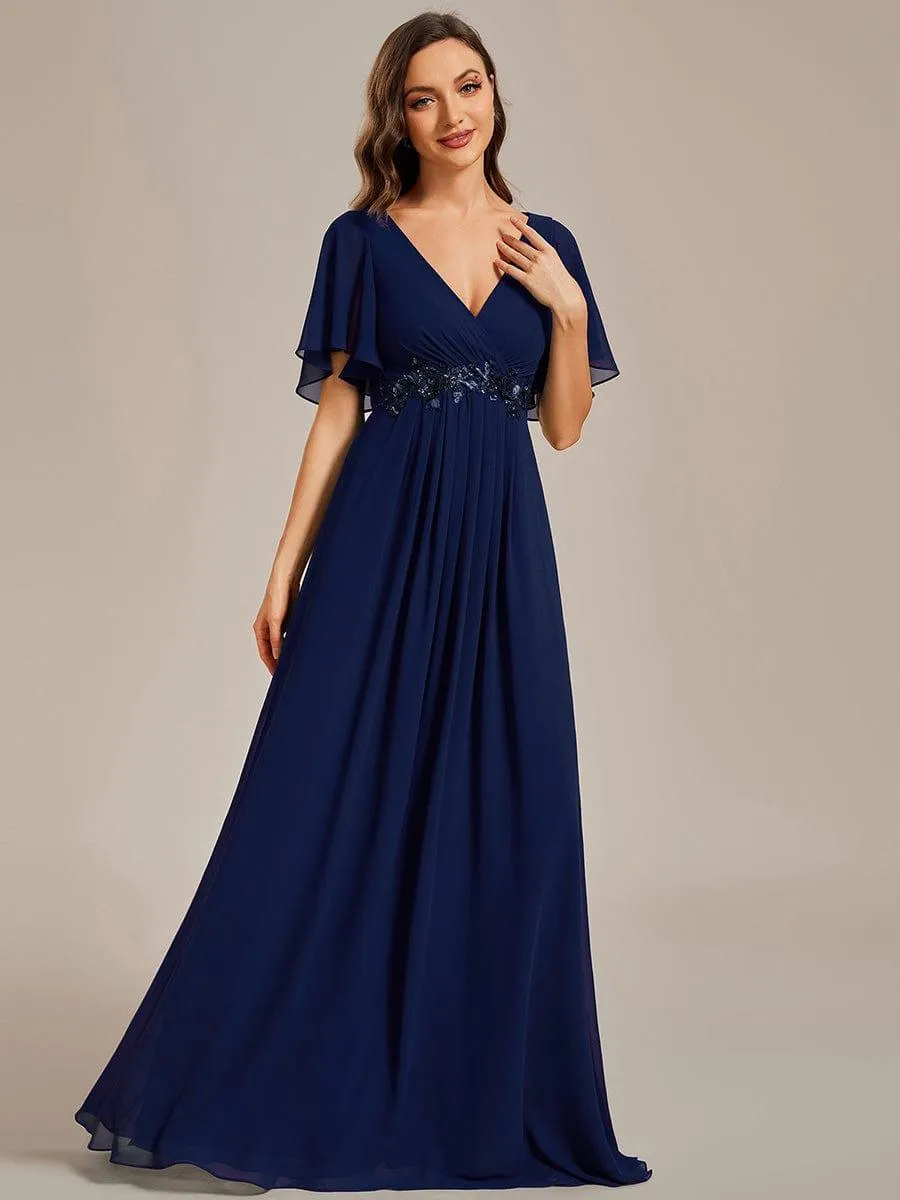 Gentle Iris | Ruffles Sleeve A-Line Chiffon Waist Applique Maxi Wedding Guest Dress