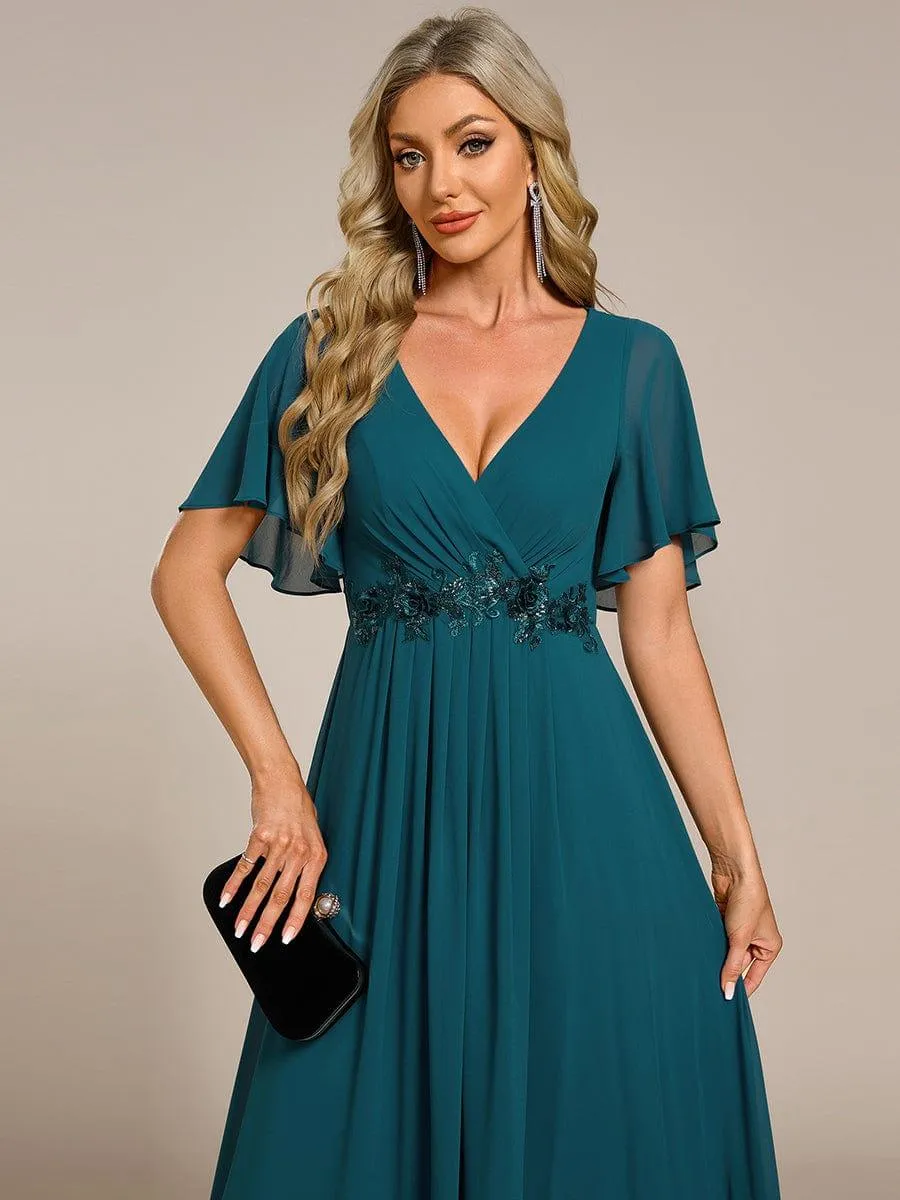 Gentle Iris | Ruffles Sleeve A-Line Chiffon Waist Applique Maxi Wedding Guest Dress