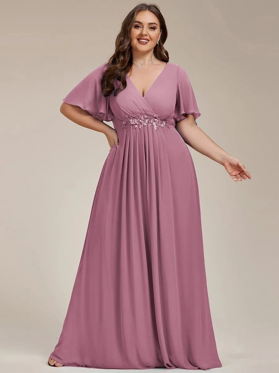 Gentle Iris | Ruffles Sleeve A-Line Chiffon Waist Applique Maxi Wedding Guest Dress