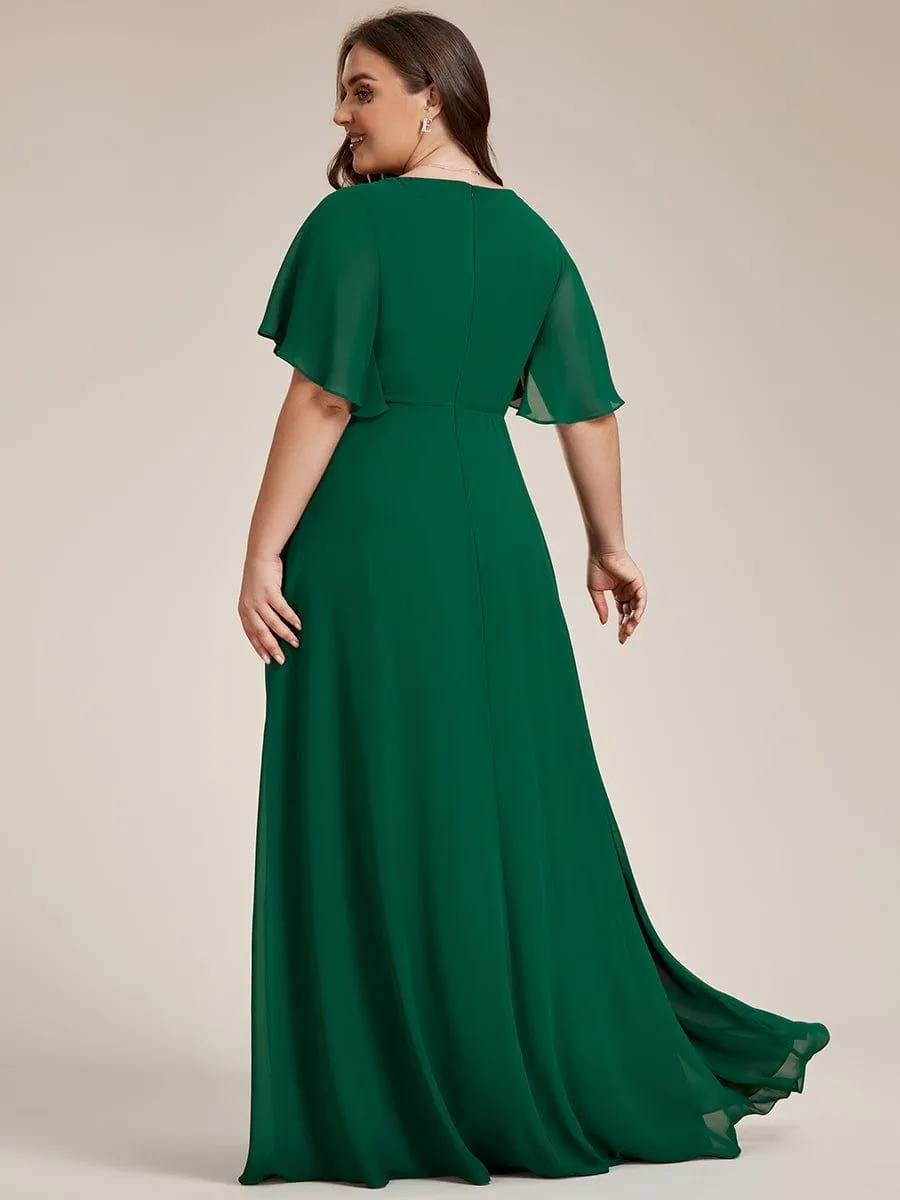 Gentle Iris | Ruffles Sleeve A-Line Chiffon Waist Applique Maxi Wedding Guest Dress
