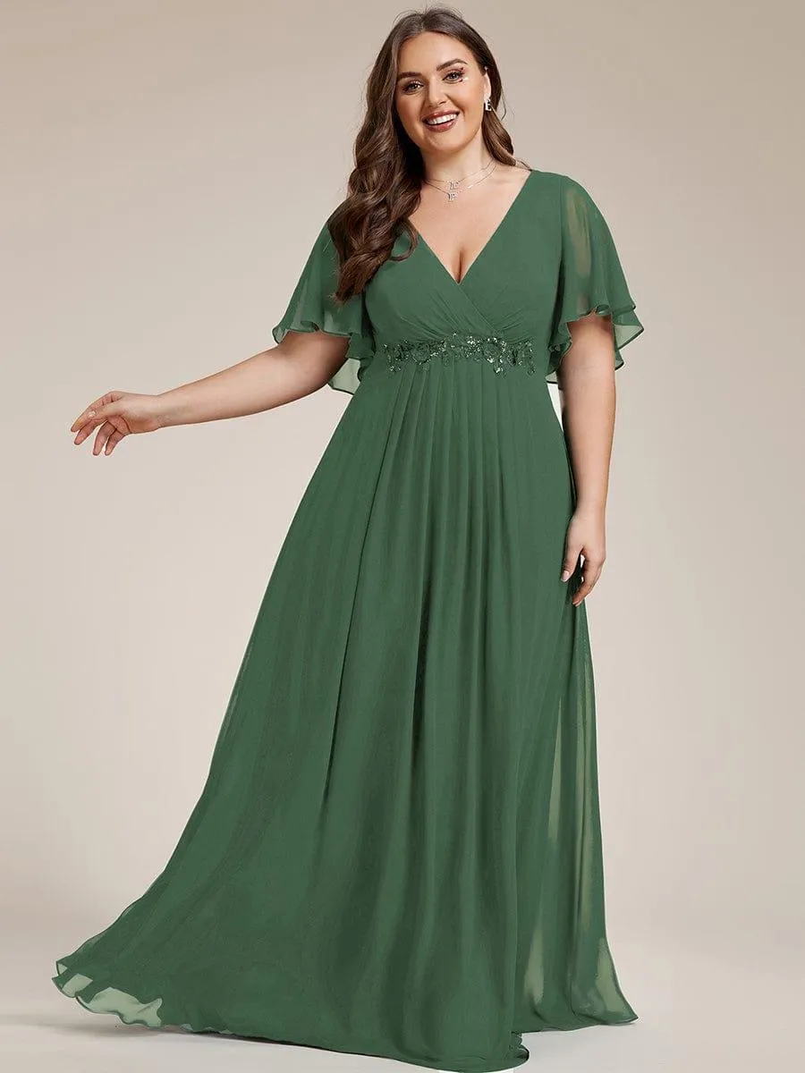 Gentle Iris | Ruffles Sleeve A-Line Chiffon Waist Applique Maxi Wedding Guest Dress
