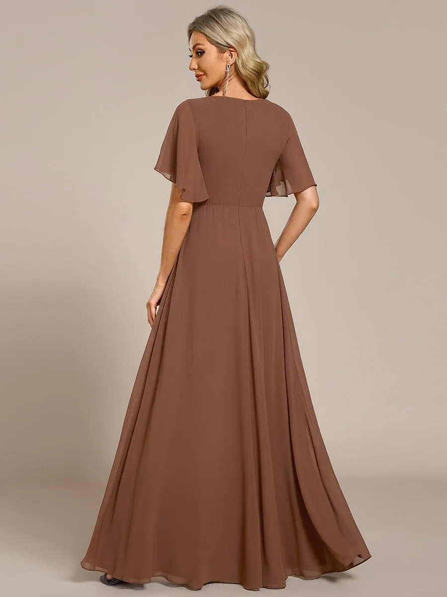 Gentle Iris | Ruffles Sleeve A-Line Chiffon Waist Applique Maxi Wedding Guest Dress