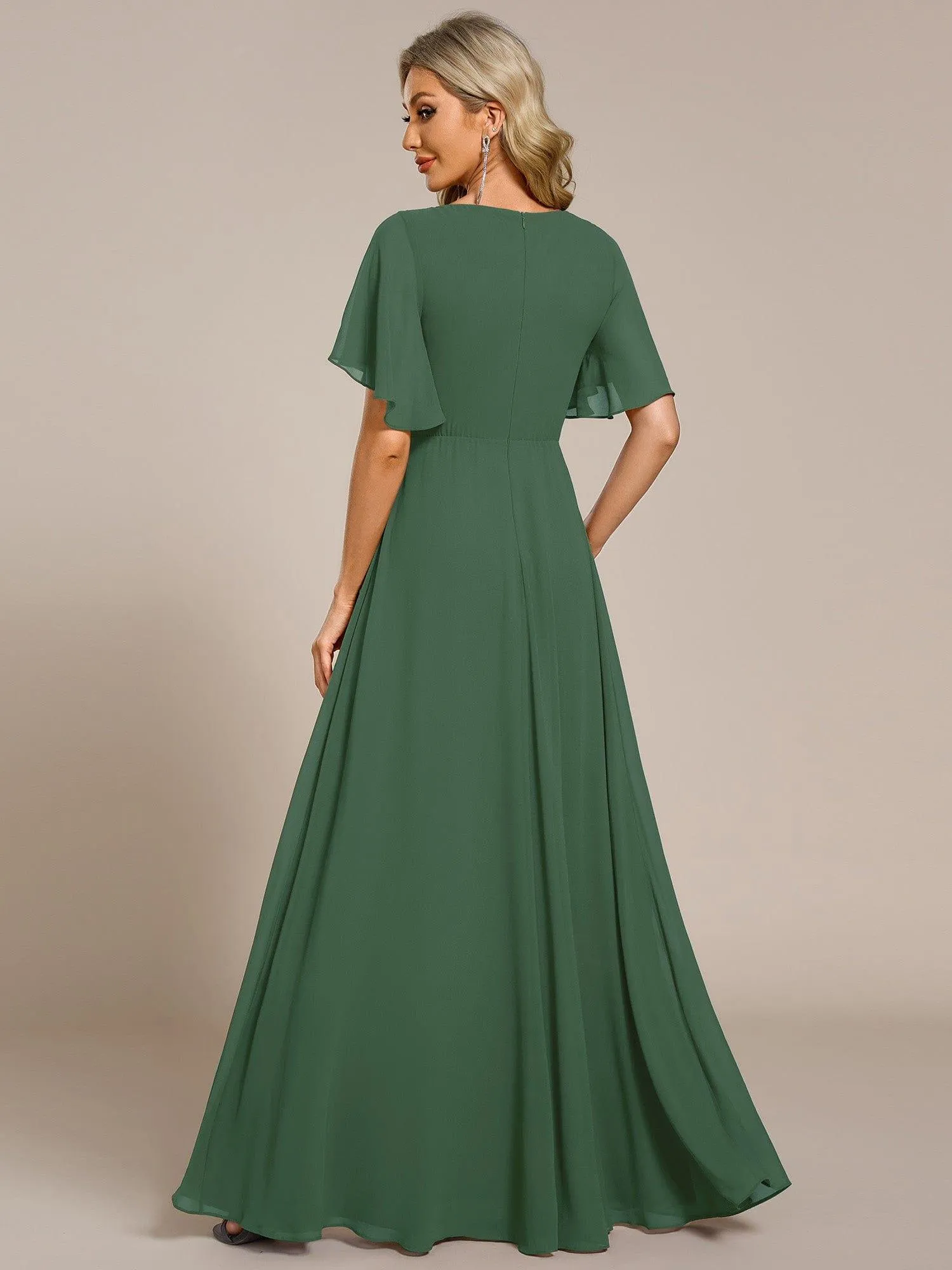 Gentle Iris | Ruffles Sleeve A-Line Chiffon Waist Applique Maxi Wedding Guest Dress