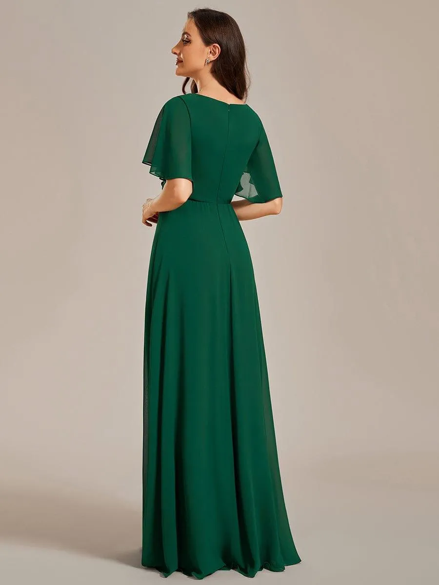 Gentle Iris | Ruffles Sleeve A-Line Chiffon Waist Applique Maxi Wedding Guest Dress