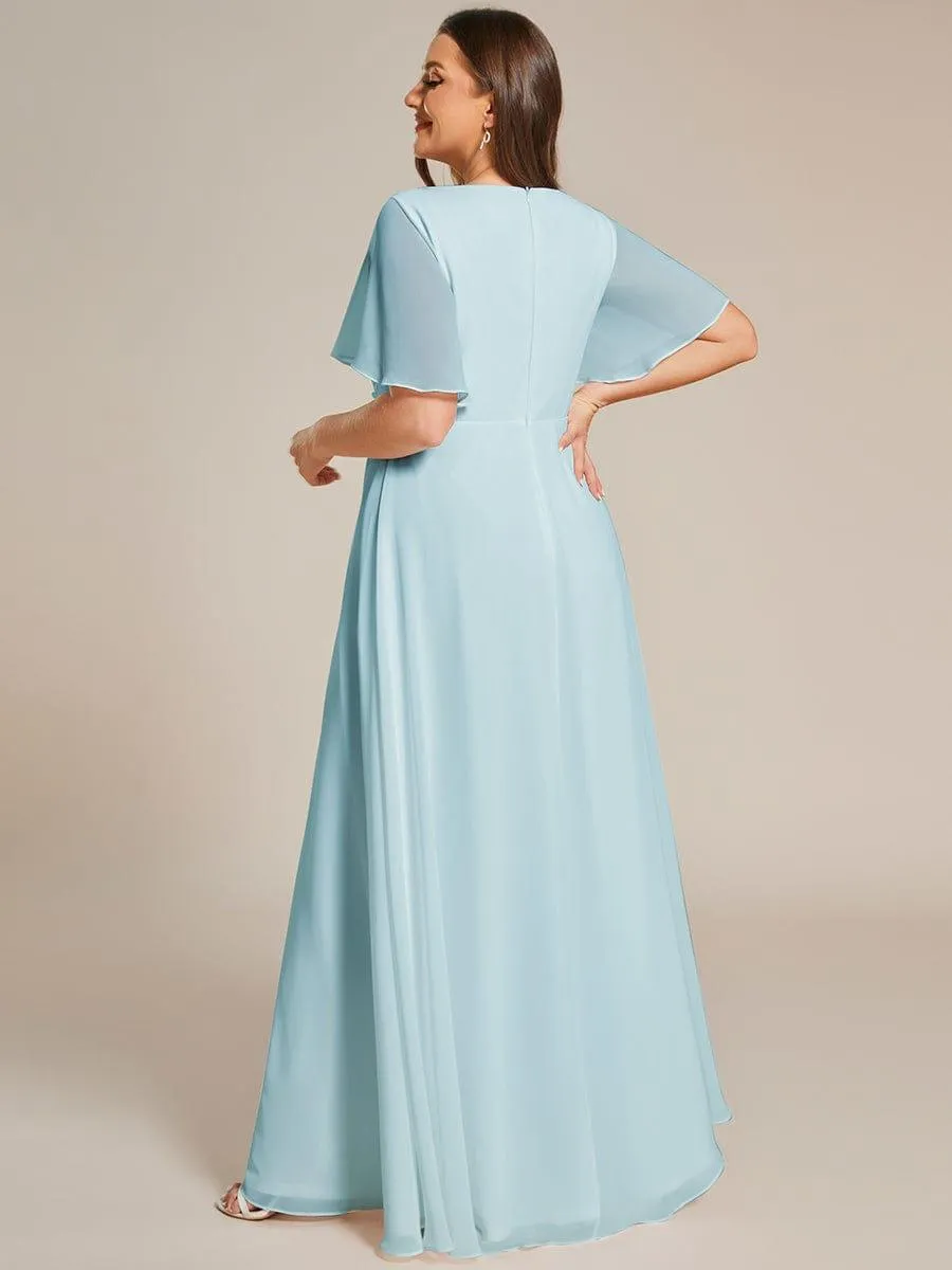 Gentle Iris | Ruffles Sleeve A-Line Chiffon Waist Applique Maxi Wedding Guest Dress