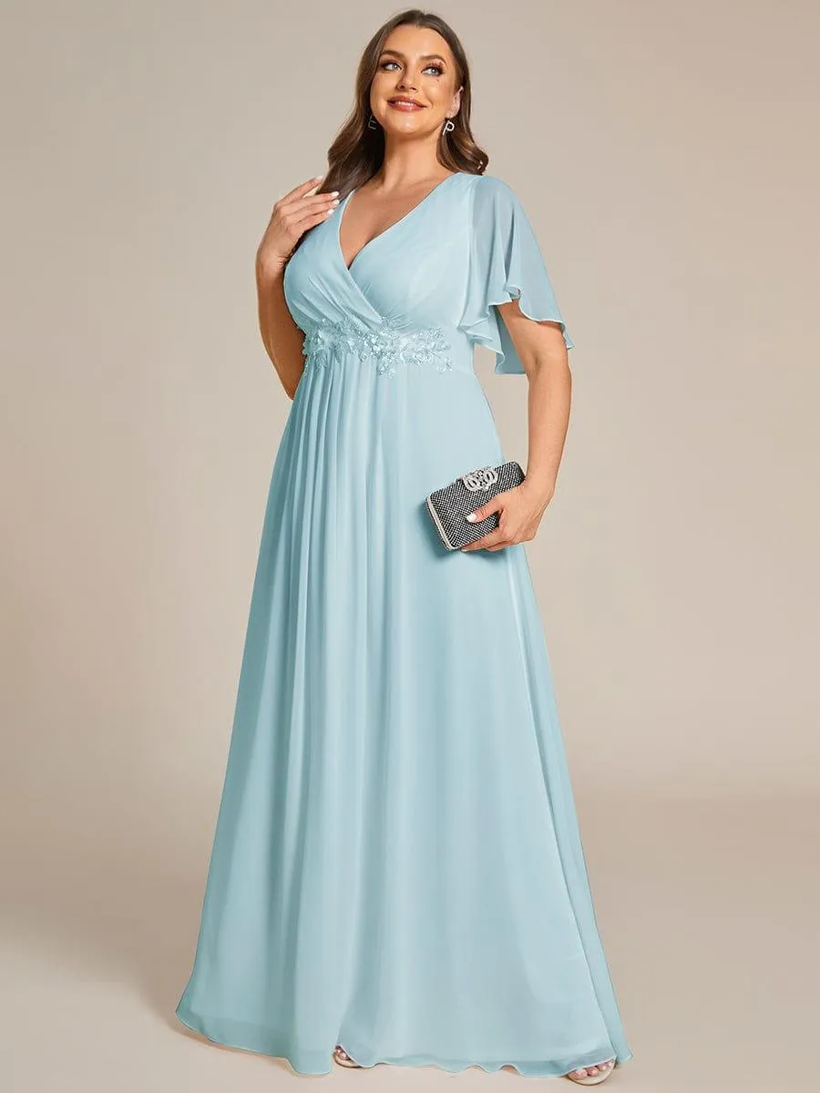 Gentle Iris | Ruffles Sleeve A-Line Chiffon Waist Applique Maxi Wedding Guest Dress