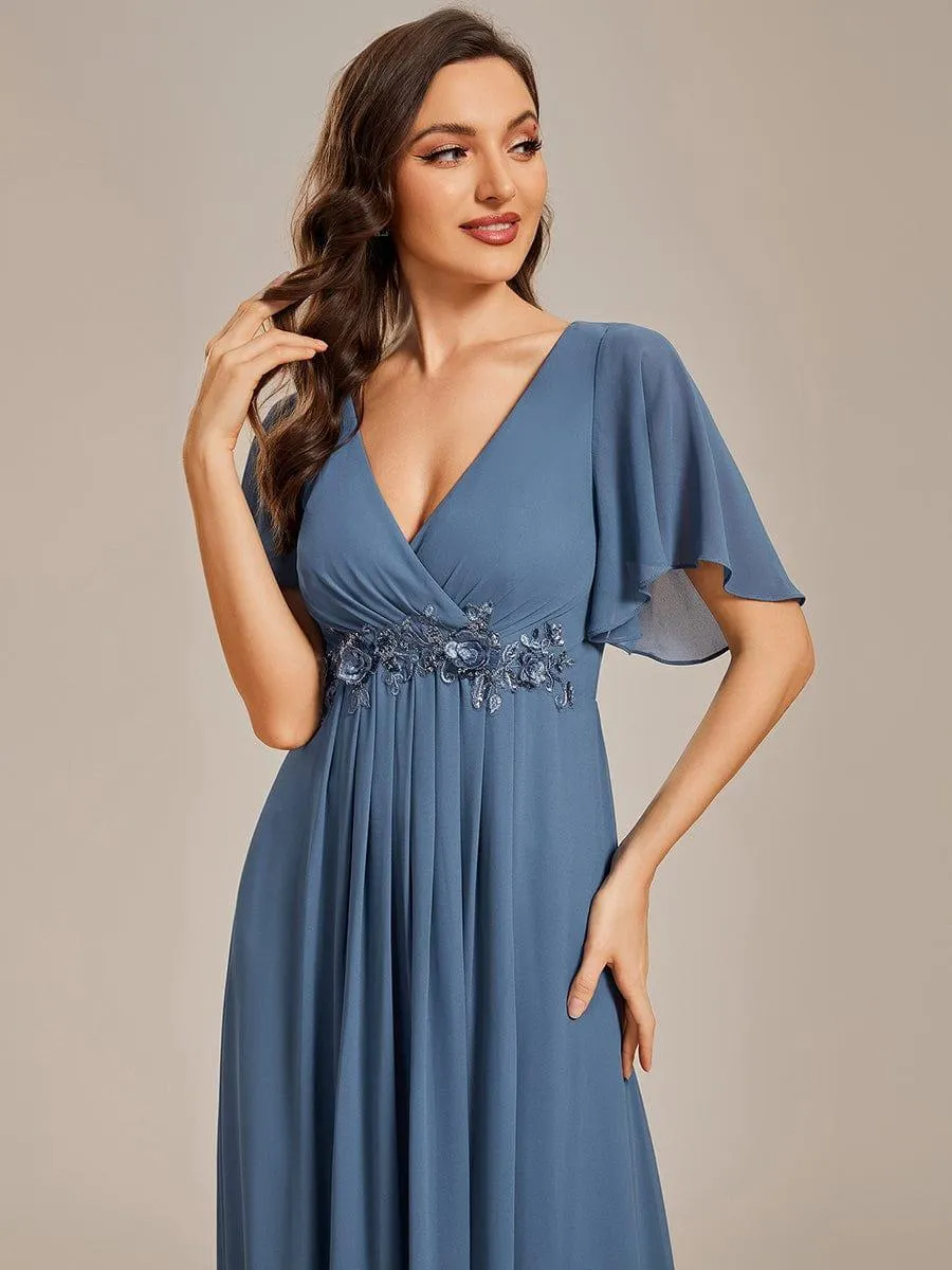 Gentle Iris | Ruffles Sleeve A-Line Chiffon Waist Applique Maxi Wedding Guest Dress