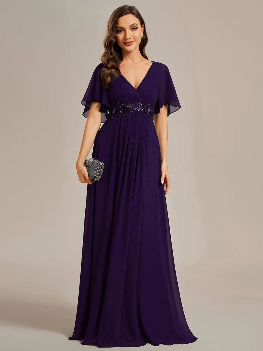 Gentle Iris | Ruffles Sleeve A-Line Chiffon Waist Applique Maxi Wedding Guest Dress