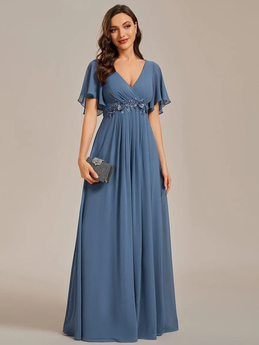Gentle Iris | Ruffles Sleeve A-Line Chiffon Waist Applique Maxi Wedding Guest Dress