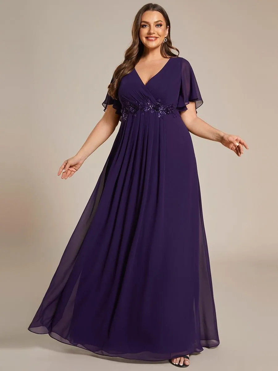 Gentle Iris | Ruffles Sleeve A-Line Chiffon Waist Applique Maxi Wedding Guest Dress