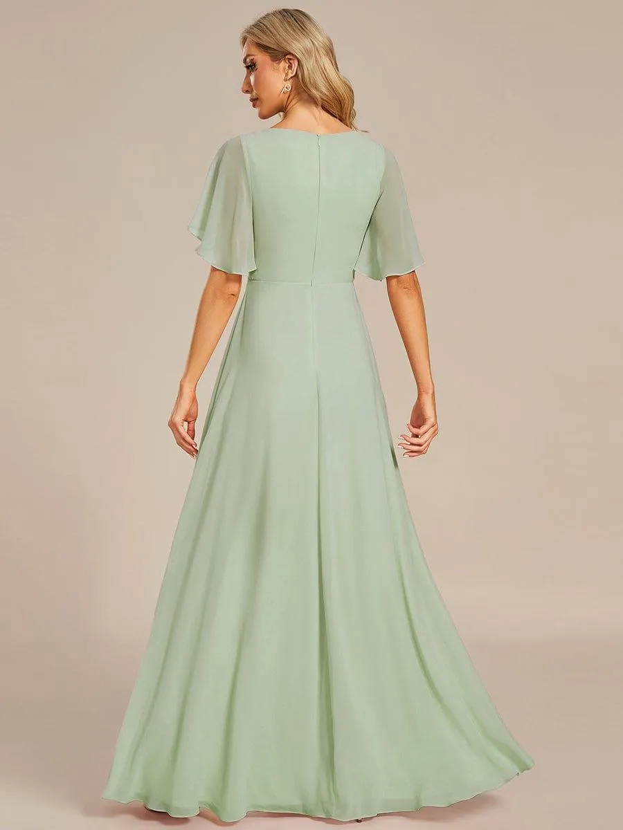 Gentle Iris | Ruffles Sleeve A-Line Chiffon Waist Applique Maxi Wedding Guest Dress