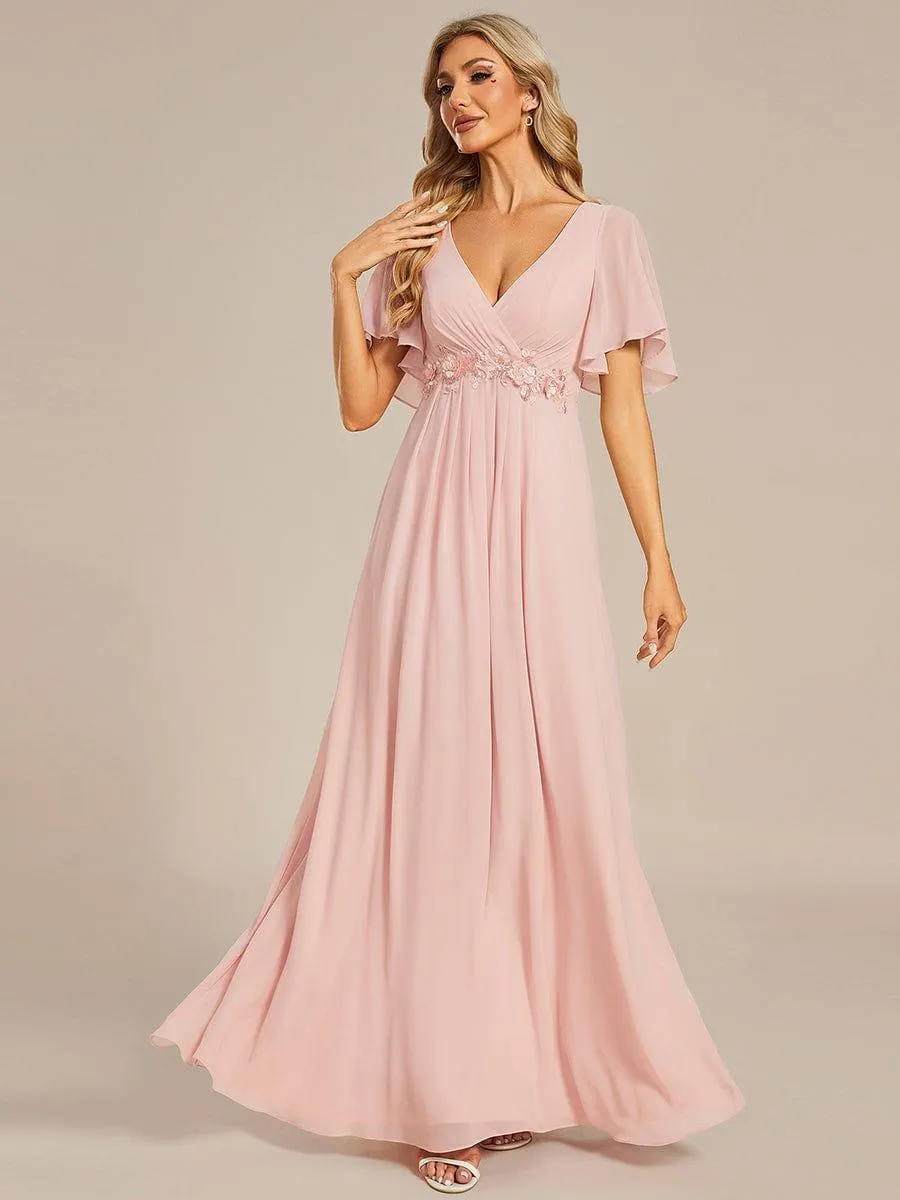 Gentle Iris | Ruffles Sleeve A-Line Chiffon Waist Applique Maxi Wedding Guest Dress