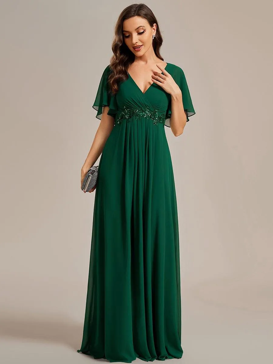 Gentle Iris | Ruffles Sleeve A-Line Chiffon Waist Applique Maxi Wedding Guest Dress