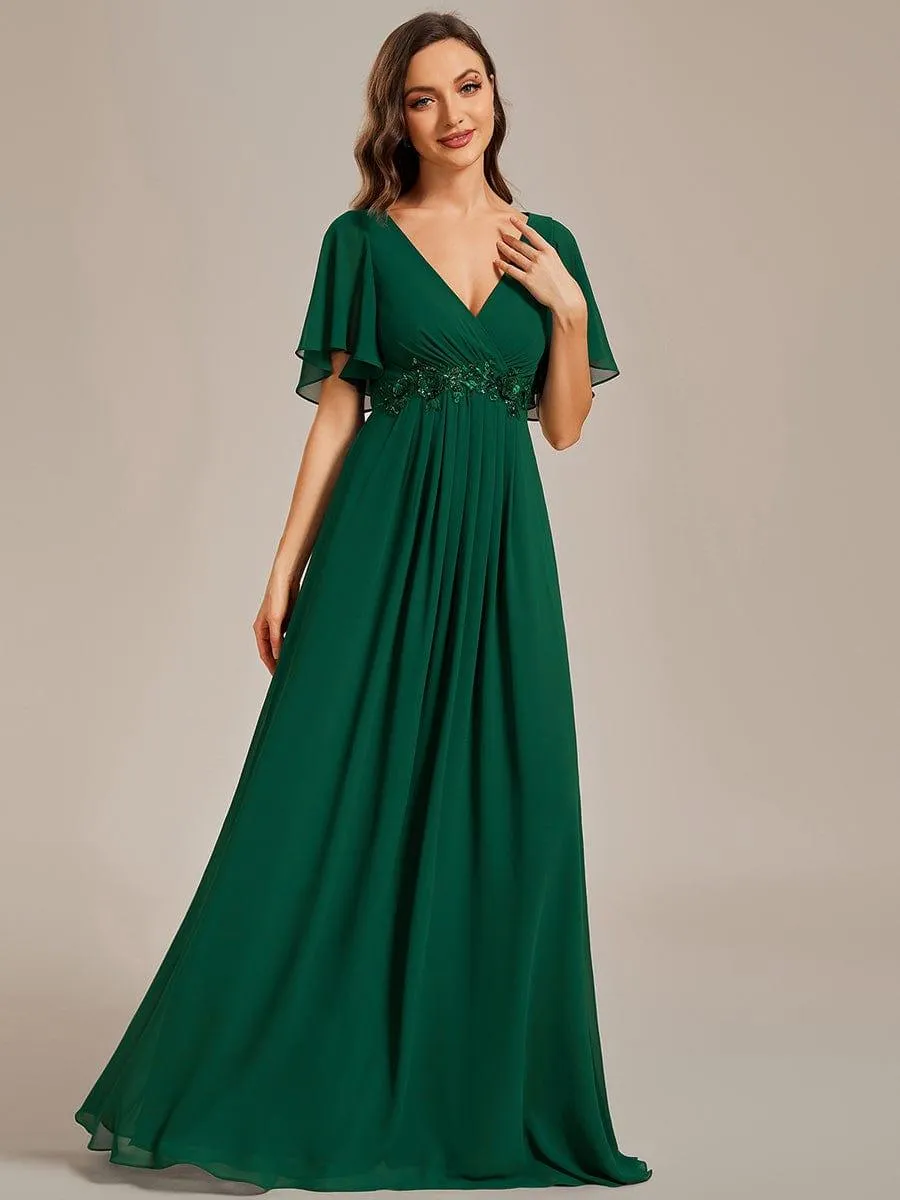 Gentle Iris | Ruffles Sleeve A-Line Chiffon Waist Applique Maxi Wedding Guest Dress