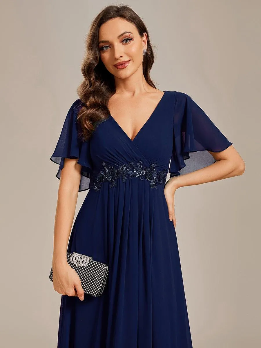 Gentle Iris | Ruffles Sleeve A-Line Chiffon Waist Applique Maxi Wedding Guest Dress