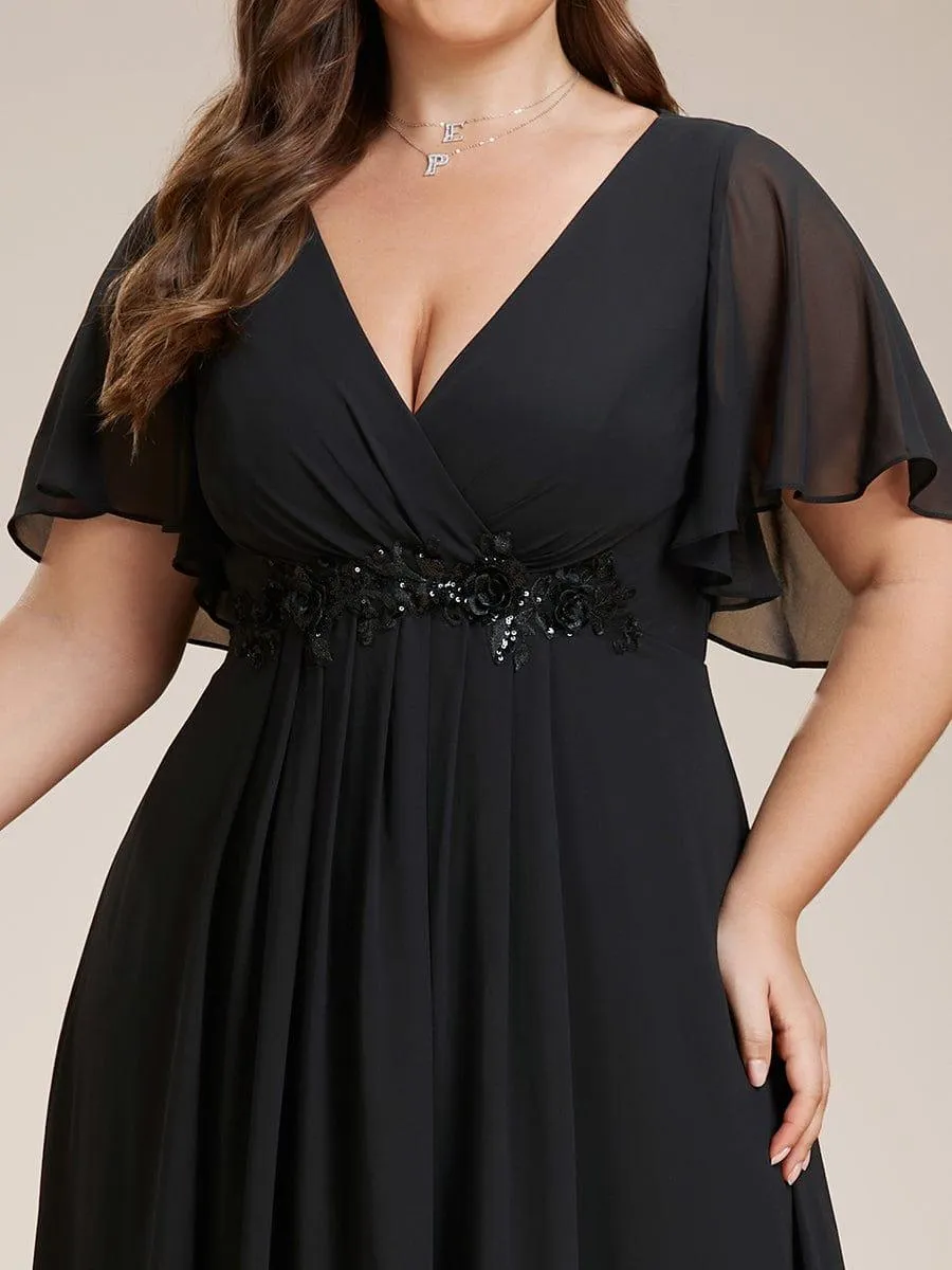 Gentle Iris | Ruffles Sleeve A-Line Chiffon Waist Applique Maxi Wedding Guest Dress