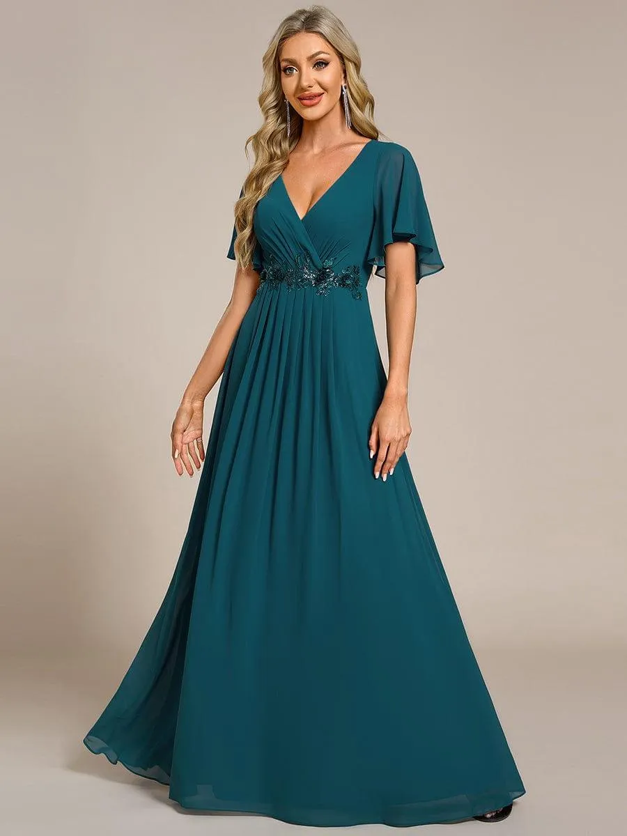 Gentle Iris | Ruffles Sleeve A-Line Chiffon Waist Applique Maxi Wedding Guest Dress