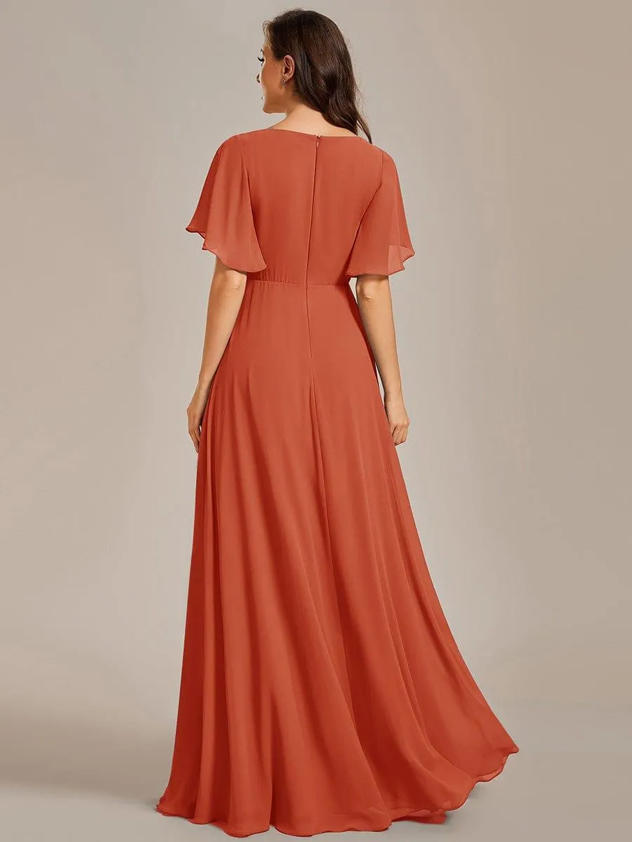 Gentle Iris | Ruffles Sleeve A-Line Chiffon Waist Applique Maxi Wedding Guest Dress