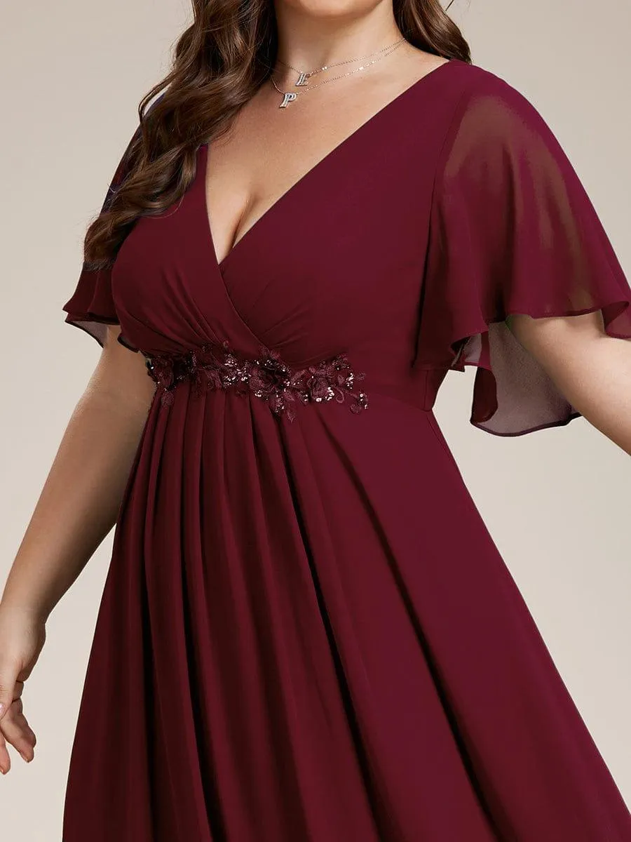 Gentle Iris | Ruffles Sleeve A-Line Chiffon Waist Applique Maxi Wedding Guest Dress