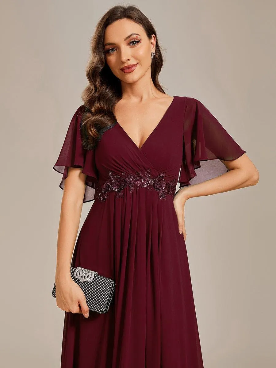 Gentle Iris | Ruffles Sleeve A-Line Chiffon Waist Applique Maxi Wedding Guest Dress