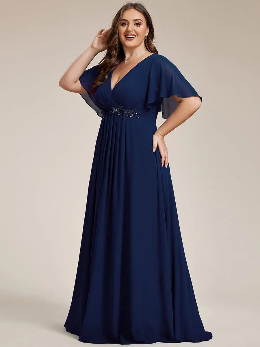 Gentle Iris | Ruffles Sleeve A-Line Chiffon Waist Applique Maxi Wedding Guest Dress