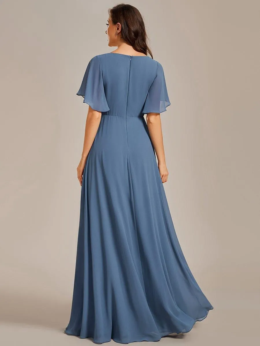 Gentle Iris | Ruffles Sleeve A-Line Chiffon Waist Applique Maxi Wedding Guest Dress