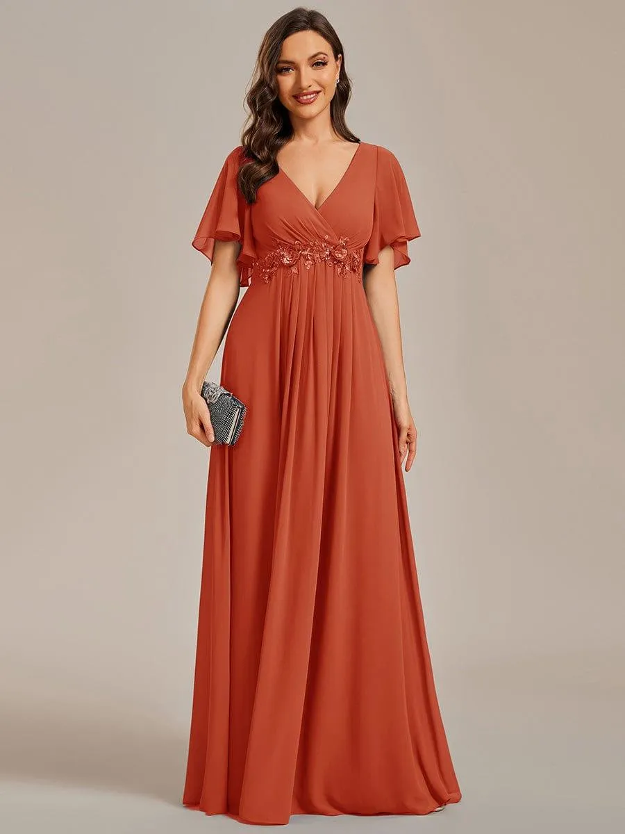 Gentle Iris | Ruffles Sleeve A-Line Chiffon Waist Applique Maxi Wedding Guest Dress