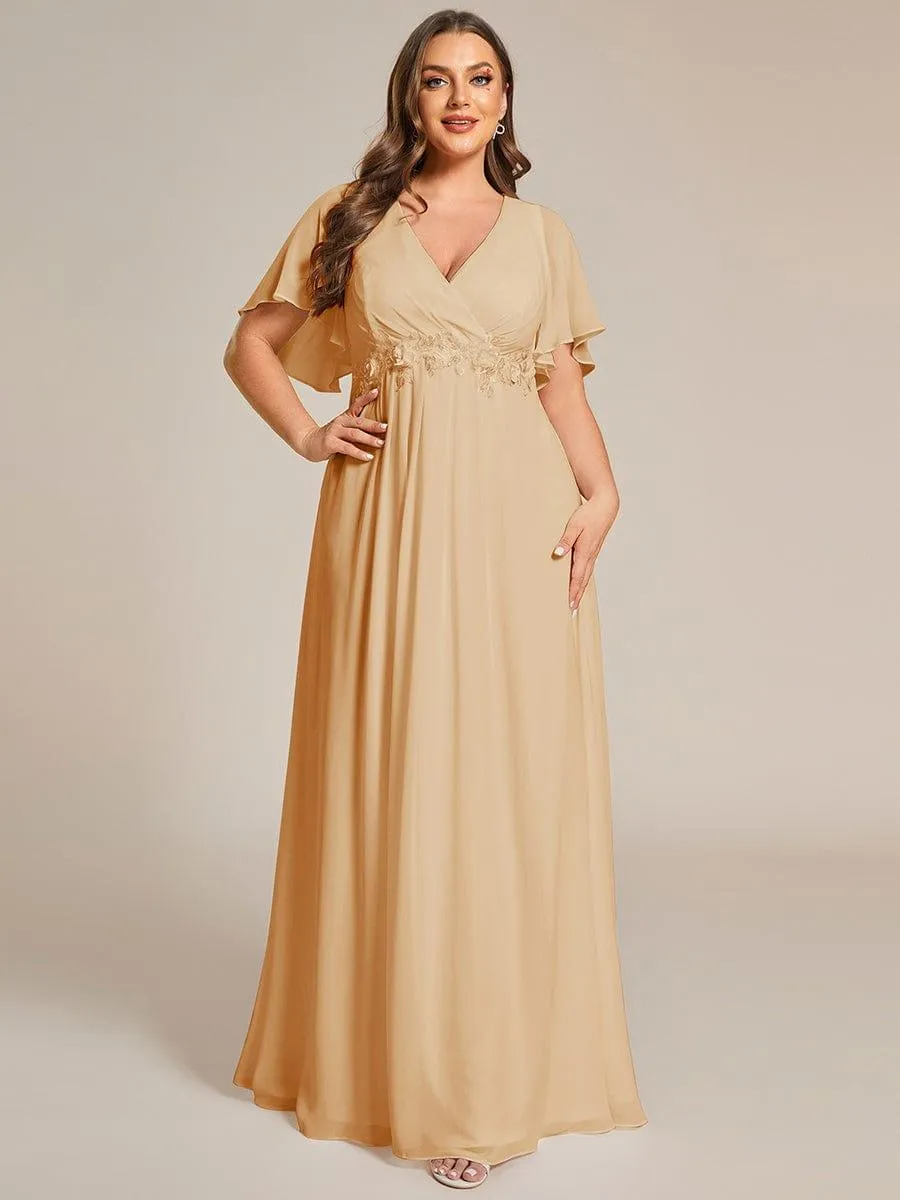 Gentle Iris | Ruffles Sleeve A-Line Chiffon Waist Applique Maxi Wedding Guest Dress