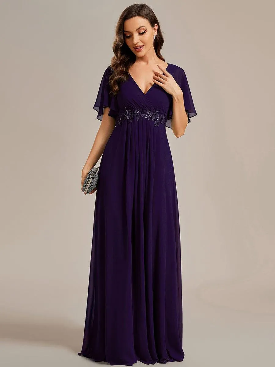 Gentle Iris | Ruffles Sleeve A-Line Chiffon Waist Applique Maxi Wedding Guest Dress