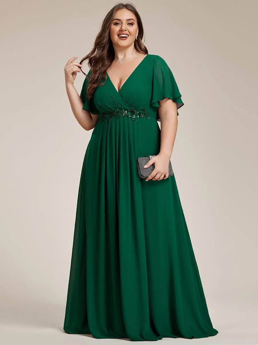 Gentle Iris | Ruffles Sleeve A-Line Chiffon Waist Applique Maxi Wedding Guest Dress