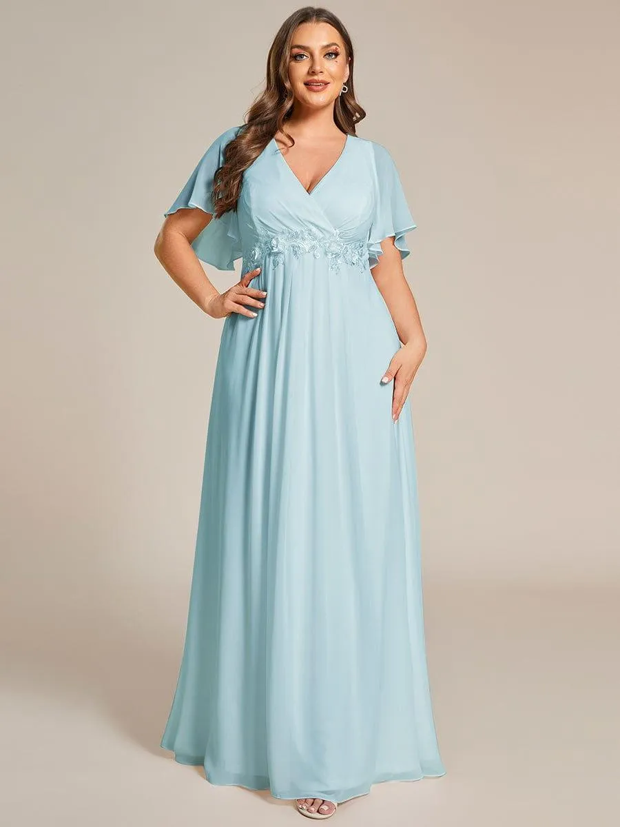 Gentle Iris | Ruffles Sleeve A-Line Chiffon Waist Applique Maxi Wedding Guest Dress