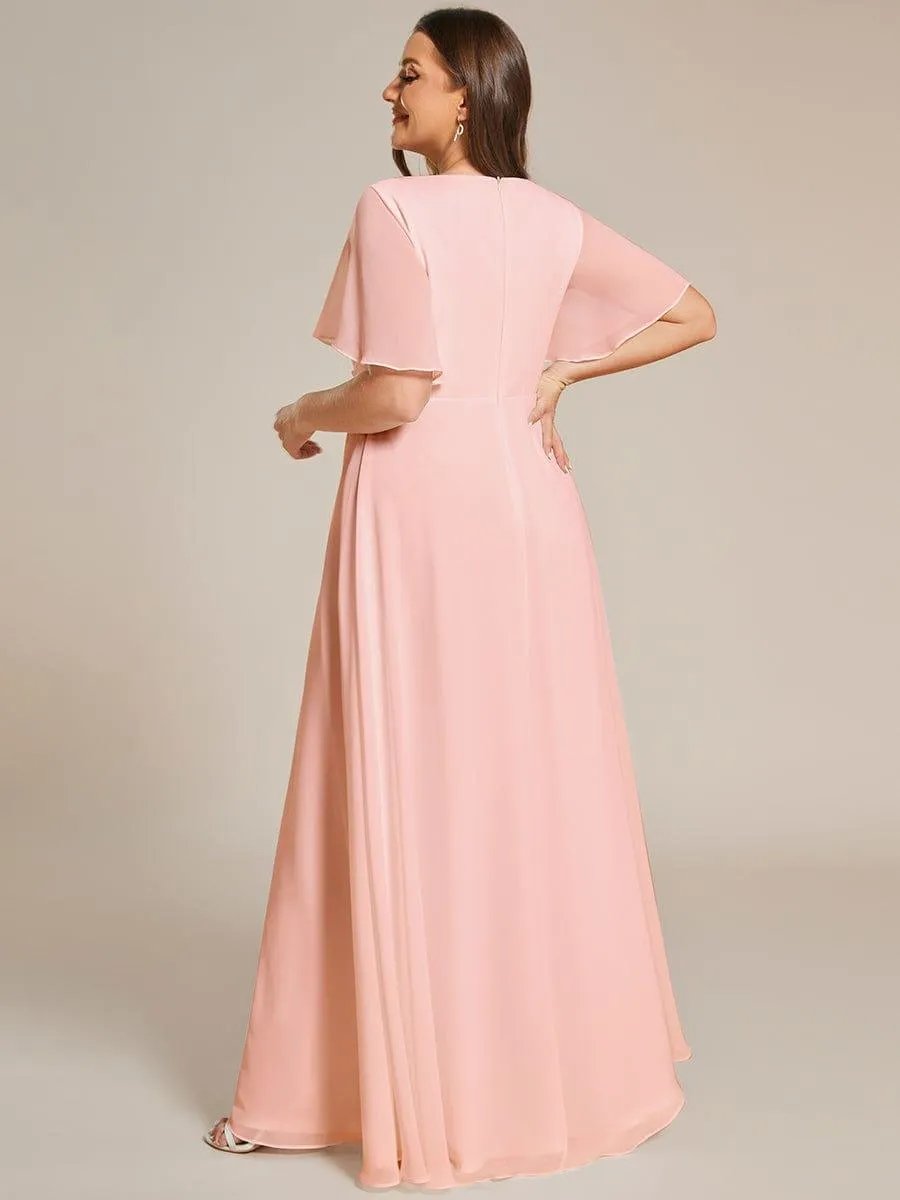 Gentle Iris | Ruffles Sleeve A-Line Chiffon Waist Applique Maxi Wedding Guest Dress
