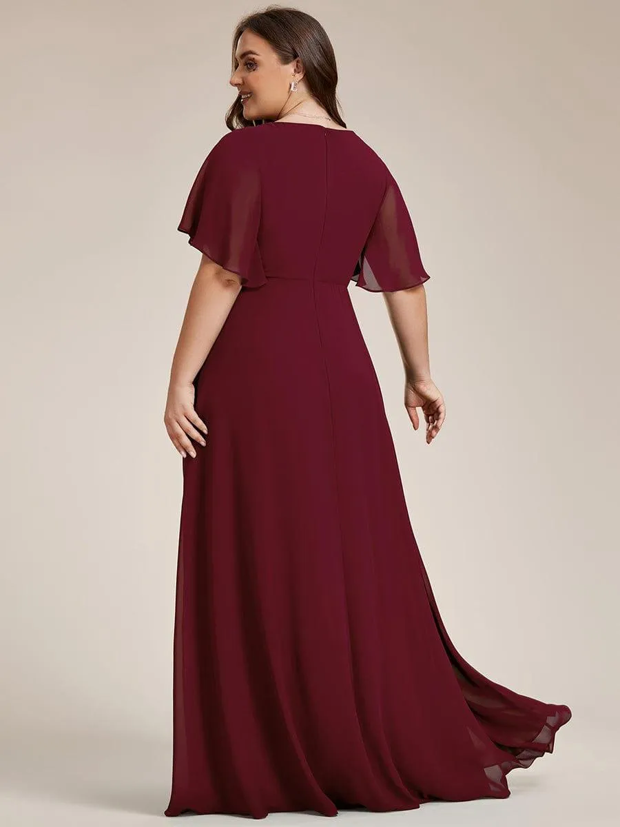 Gentle Iris | Ruffles Sleeve A-Line Chiffon Waist Applique Maxi Wedding Guest Dress
