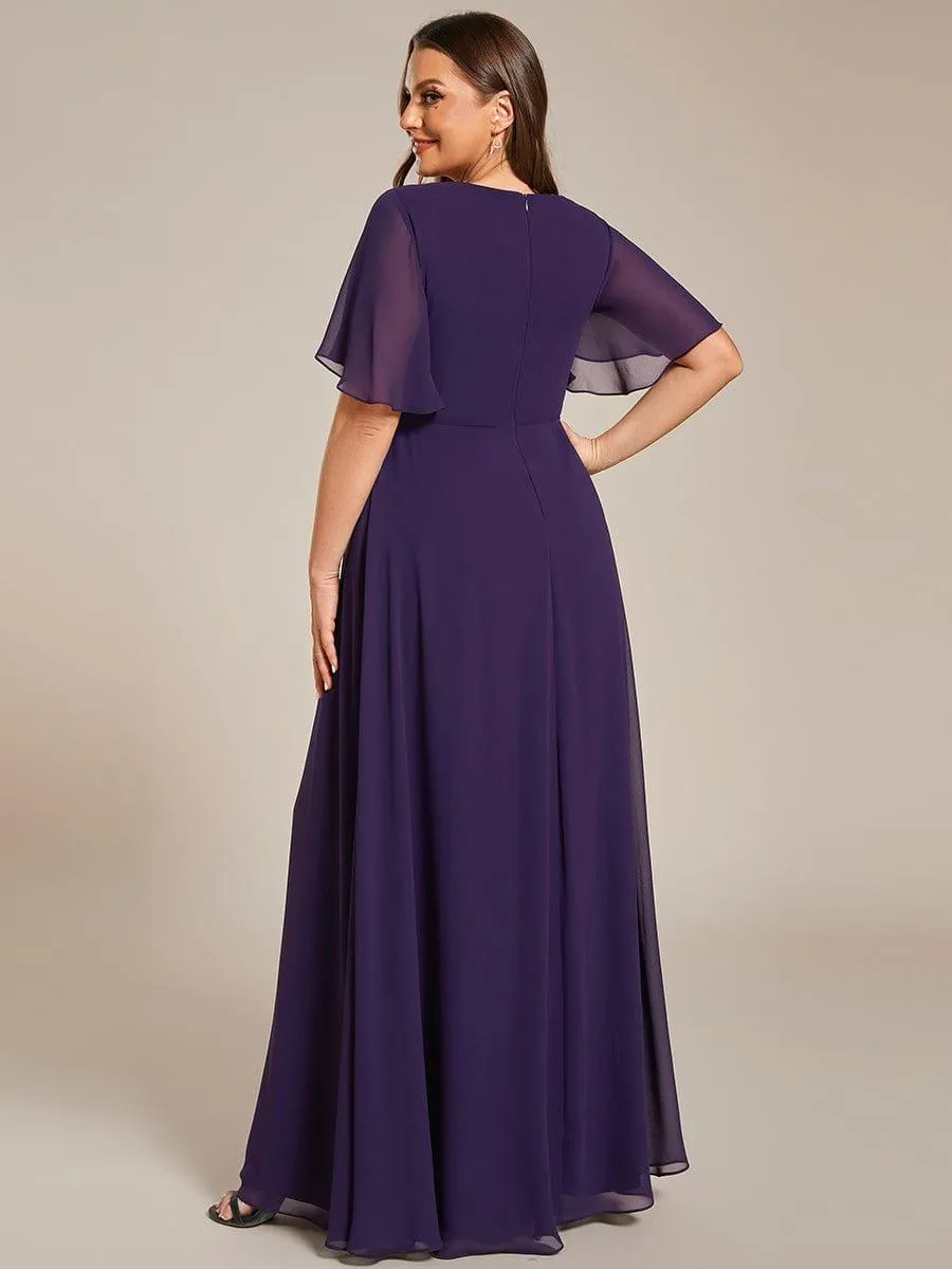 Gentle Iris | Ruffles Sleeve A-Line Chiffon Waist Applique Maxi Wedding Guest Dress
