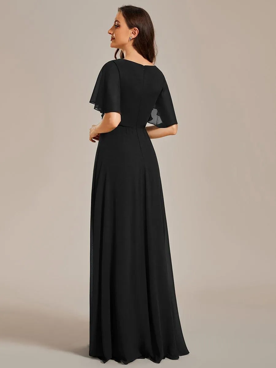 Gentle Iris | Ruffles Sleeve A-Line Chiffon Waist Applique Maxi Wedding Guest Dress