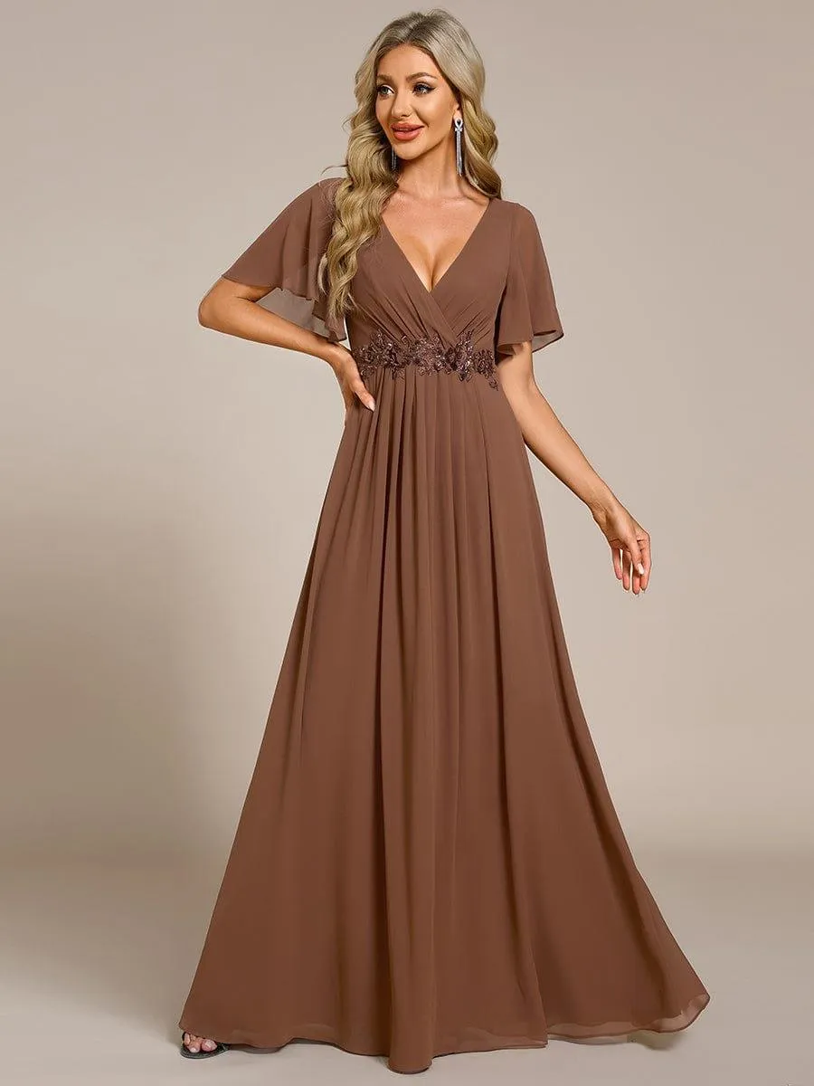 Gentle Iris | Ruffles Sleeve A-Line Chiffon Waist Applique Maxi Wedding Guest Dress