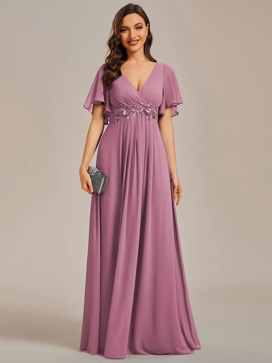 Gentle Iris | Ruffles Sleeve A-Line Chiffon Waist Applique Maxi Wedding Guest Dress