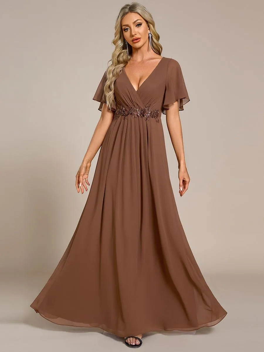 Gentle Iris | Ruffles Sleeve A-Line Chiffon Waist Applique Maxi Wedding Guest Dress