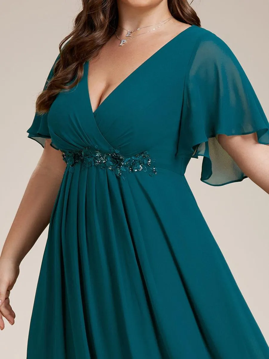 Gentle Iris | Ruffles Sleeve A-Line Chiffon Waist Applique Maxi Wedding Guest Dress