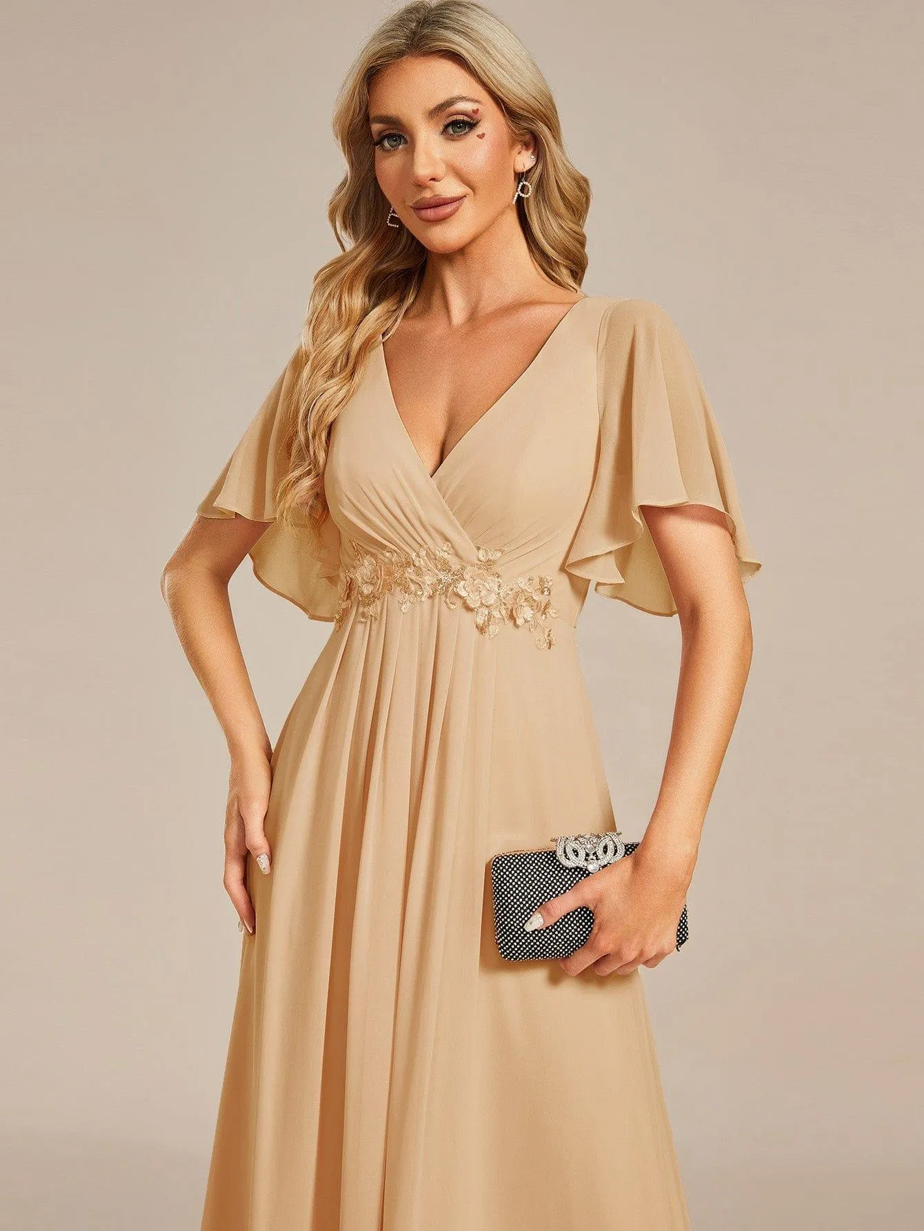 Gentle Iris | Ruffles Sleeve A-Line Chiffon Waist Applique Maxi Wedding Guest Dress